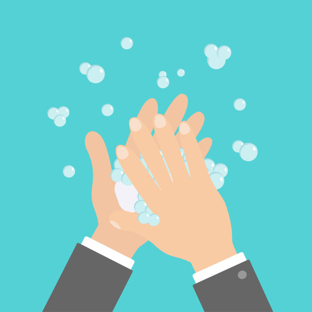 用肥皂、肥皂、泡沫、泡沫洗手。可爱的卡通商人手身体部分。阻止冠状病毒COVID - 19。个人卫生，预防疾病。平面设计。孤立的蓝色背景图片下载