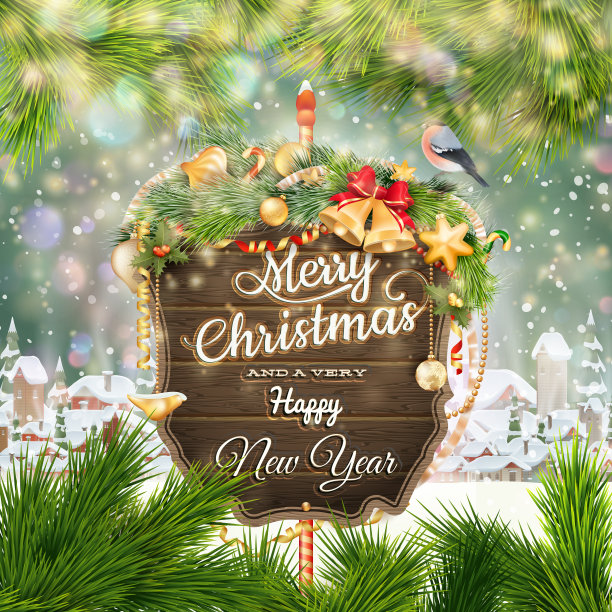木制横幅与圣诞冷杉树枝。图片下载