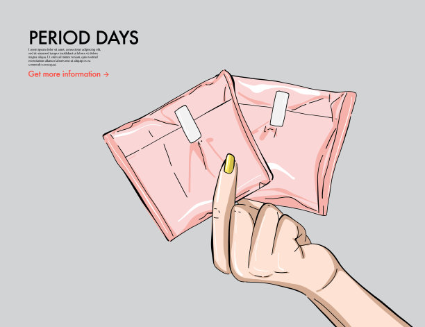 经期护垫艺术，舒适自然的女性经期每月月经卫生防护，每月月经周期广告，pms画中矢量。流血卡通平面素描，美女女天艺术图片下载