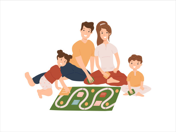 幸福微笑的家庭成员一起度过时间在舒适的家。妈妈，爸爸和两个孩子在玩棋盘游戏。可爱的卡通人物孤立在白色的背景。平面向量插图。图片下载