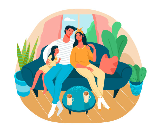 在新冠肺炎大流行期间，幸福家庭呆在家里，共度时光。着陆页。卡通平面矢量插图。图片下载
