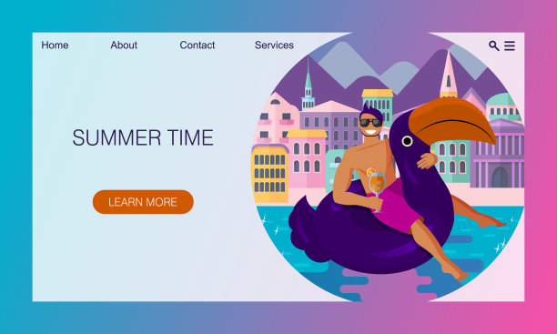 晒黑的性感的家伙正在喝鸡尾酒，而坐在以鸟巨嘴鸟的形式游泳圈。网站概念，登陆页面设计模板图片下载