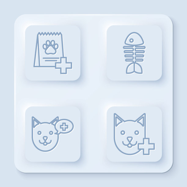 套线狗粮袋，鱼骨架，兽医诊所标志和兽医诊所标志。白色正方形按钮。向量图片下载