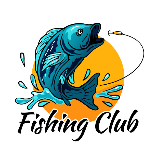 鱼跳跃的诱饵钩与太阳的背景和溅水矢量插图为渔民俱乐部钓鱼比赛标志徽章模板设计图片下载