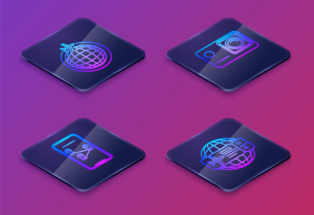 设置飞行飞机的等距线地球仪，城市地图导航信息图，极限动作相机和机票。蓝色方块按钮。向量图片下载