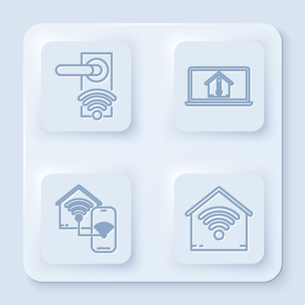 集线无线解锁数字门锁、带室内温度笔记本电脑、带wi-fi智能家居、带wi-fi智能家居。白色正方形按钮。向量图片下载