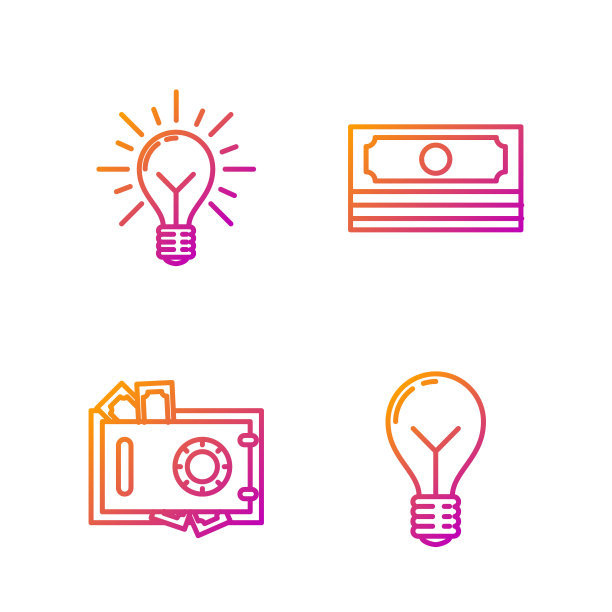 设线灯泡与概念的想法，安全和金钱，光线和概念的想法和堆栈纸币现金灯泡。渐变颜色图标。向量图片下载