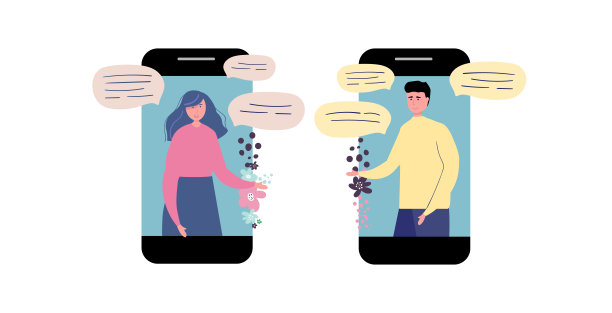 网上聊天的男人和女人。一对情侣用手机聊天。卡通男人和女人。平面向量的设计。一个女孩和一个男人在打电话。图片下载