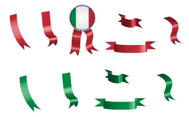 标签，一套红色和绿色的丝带与标签，在意大利国旗的颜色。白色上的孤立向量图片下载