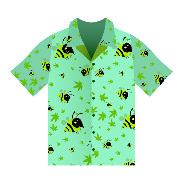 淡绿色短袖夏季衬衫。麻叶和搞笑蜜蜂的点缀。夏天的衣服。白色上的孤立向量图片下载