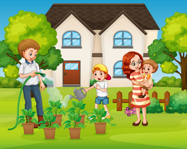 家庭成员卡通人物在花园里图片下载