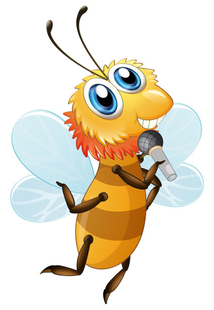 可爱的蜜蜂卡通人物拿着麦克风在白色的背景图片下载