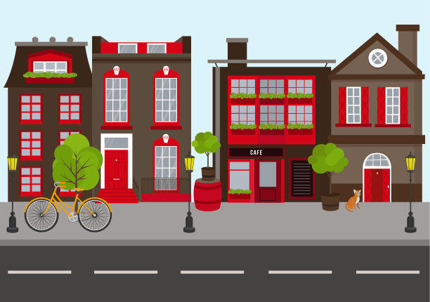 小城镇城市景观以平面设计风格，矢量插画。包括小企业，建筑，树木，步行的人，商店，自行车图片下载