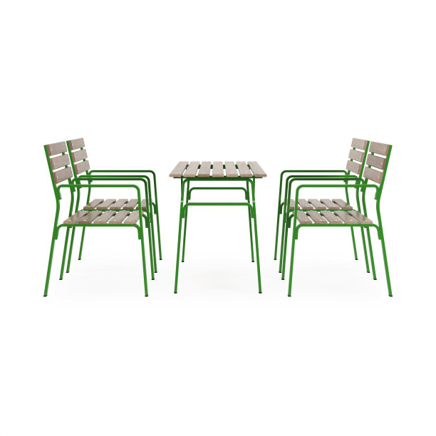 白色背景中隔离的花园户外家具，木制用餐区，含剪切路径，3D渲染图片下载