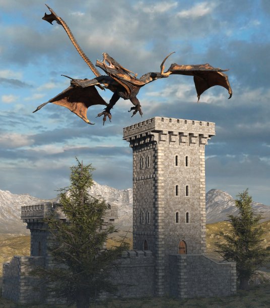 幻想龙和中世纪塔3d插图图片下载