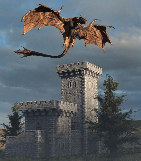 幻想龙和中世纪塔3d插图图片下载