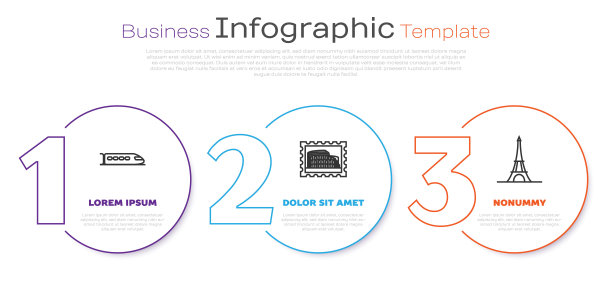 集线火车、邮政邮票、体育馆和埃菲尔铁塔。业务信息模板。向量图片下载