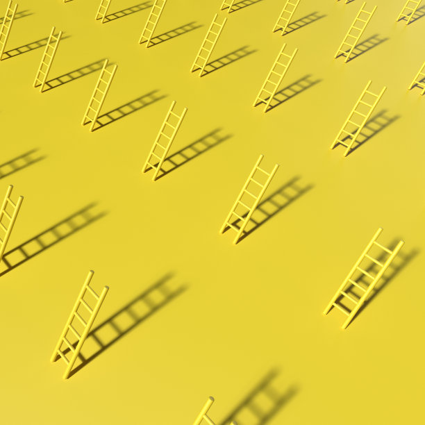 抽象海报风格与单色黄色几何元素。梯子在空中保持平衡。3D渲染对象形状。抽象艺术模式图片下载