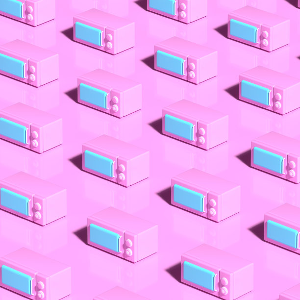 带有粉色微波炉的抽象海报。3D渲染对象形状。简约的单色图案风格图片下载