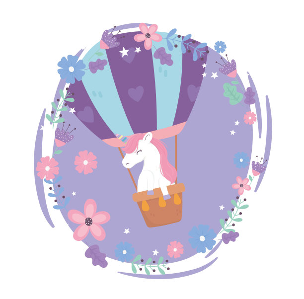独角兽在气球花天空幻想卡通图片下载