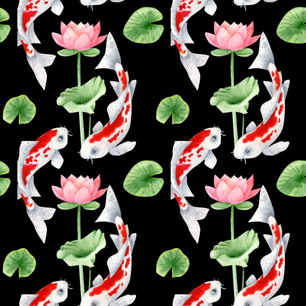锦鲤与荷花无缝图案。传统的日本锦鲤和荷花叶图案图片下载
