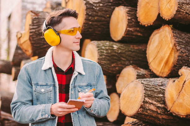 年轻的木匠木材仓库工人清点砍下的原木图片下载
