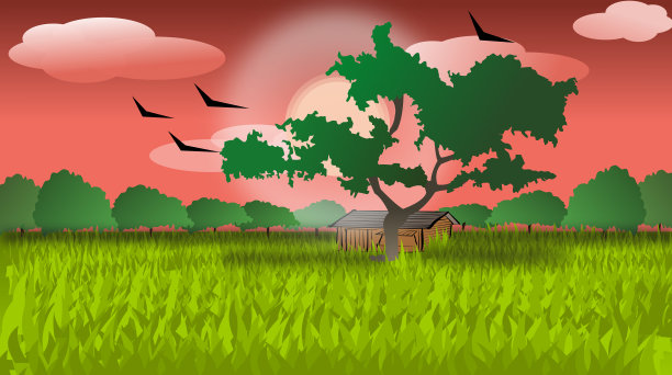 一个美丽的傍晚风景插图图形的村庄与红色的天空，明亮的太阳，飞翔的鸟，农田，树木，草地，伤害，和云的背景。乡村景观。素材图片