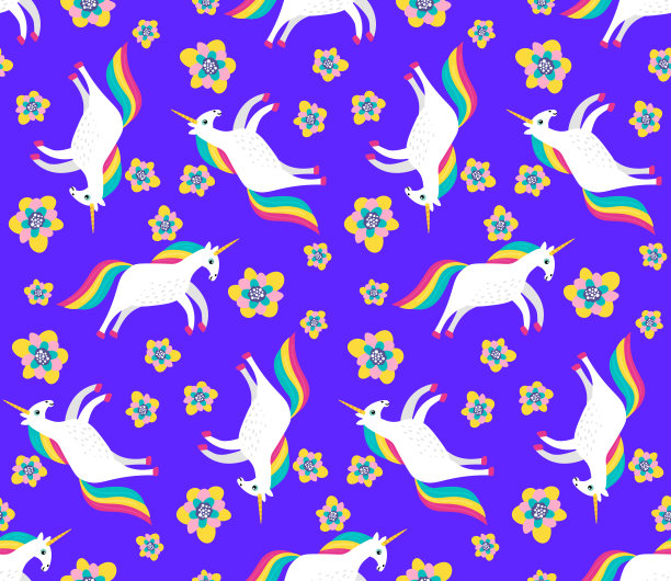 可爱的卡通独角兽与花朵在平坦的童趣风格无缝图案。明亮的幻想马赛克背景。矢量插图。图片下载