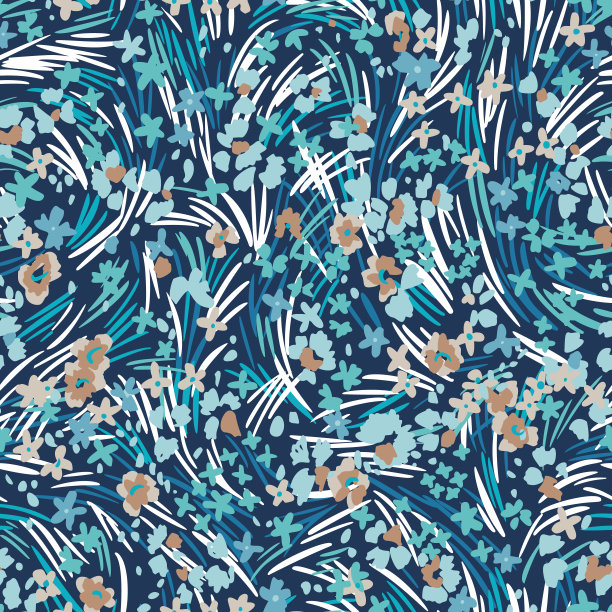 无缝图案的扁平小雏菊盛开。明亮自然的植物点缀。彩色波浪虚线形成草甸和草本植物的纹理。抽象的背景。图片下载