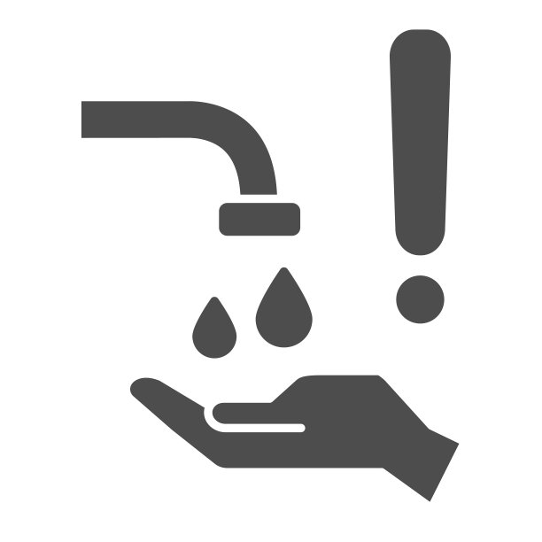 在水龙头图标下洗手，个人卫生观念，白色背景上的感叹号保持双手清洁，清洁双手，预防covid-19图标使用字形。矢量图形。图片下载