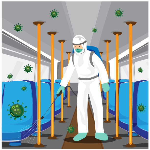 冠状动脉注射(Covid-19)人员在公共汽车消毒喷雾剂的载体插图。图片下载