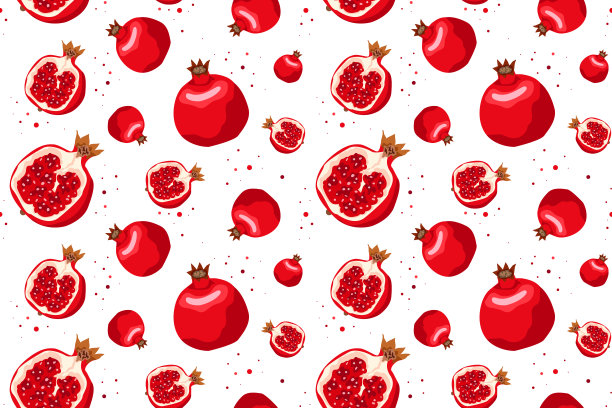 矢量无缝模式与石榴。装饰图案的石榴水果在白色的背景。纹理与花卉元素。鲜亮的美味水果片。图片下载