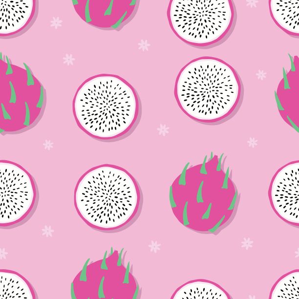 果实无缝图案，火龙果与花在粉红色的背景。夏天充满活力的设计。奇异的热带水果。色彩斑斓的矢量图图片下载