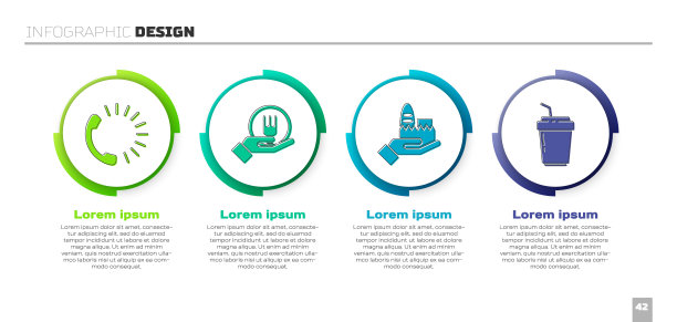 设置餐饮订餐、在线订餐送餐、在线订餐送餐、咖啡杯送餐。业务信息模板。向量图片下载