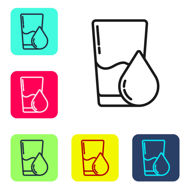 黑色线条玻璃与水图标隔离在白色背景。苏打水的玻璃。设置图标的颜色方形按钮。矢量图图片下载
