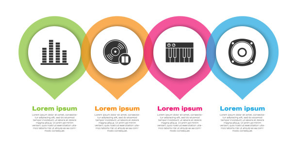 设置音乐均衡器，黑胶唱片，音乐合成器和立体声扬声器。业务信息模板。向量图片下载