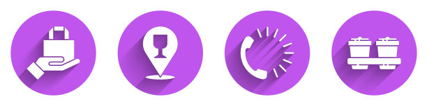 设置在线订购和交付，酒精或啤酒酒吧的位置，食物订购和咖啡杯去图标与长影子。向量图片下载