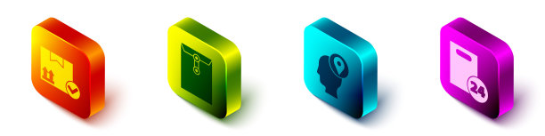 设置等距包装箱与检查标记，信封，快递员与纸板箱和快递与纸板箱图标。向量图片下载