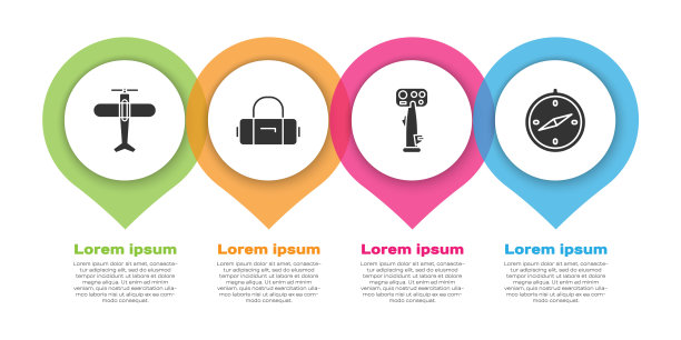 设置飞机，手提箱，飞机舵和指南针。业务信息模板。向量图片下载