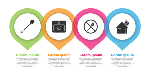 设置消防铲，消防报警系统，无火柴，着火房屋有火。业务信息模板。向量图片下载