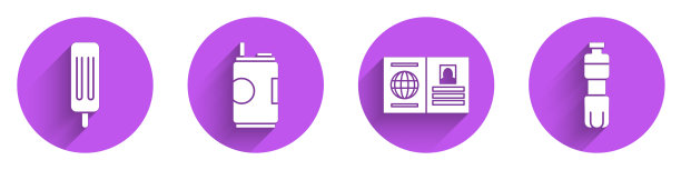 设置冰淇淋，汽水罐，护照和瓶装水的图标与长影子。向量图片下载