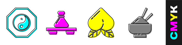 把阴阳，饺子放在砧板上，桃子和米饭放在碗里，用筷子的图标。向量图片下载