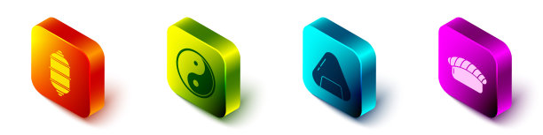 设置等距中国纸灯笼，阴阳，寿司和寿司图标。向量图片下载