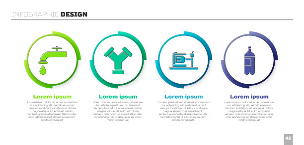 设有水龙头、工业金属管、电动水泵、瓶装水。业务信息模板。向量图片下载
