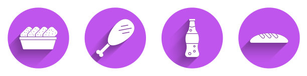 盒装鸡块，鸡腿，瓶装水和长影子面包的图标。向量图片下载