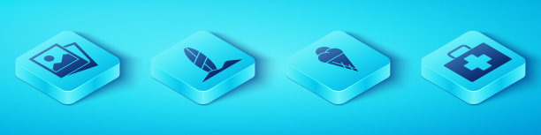 设置等距照片，冲浪板，急救箱和冰淇淋在华夫蛋筒图标。向量图片下载