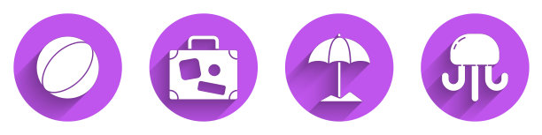 设置沙滩球，旅行箱，沙滩遮阳伞和长阴影水母图标。向量图片下载