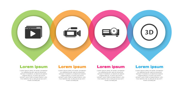 设置在线播放视频，影院摄像头，电影，电影，媒体投影机和3D文字。业务信息模板。向量图片下载
