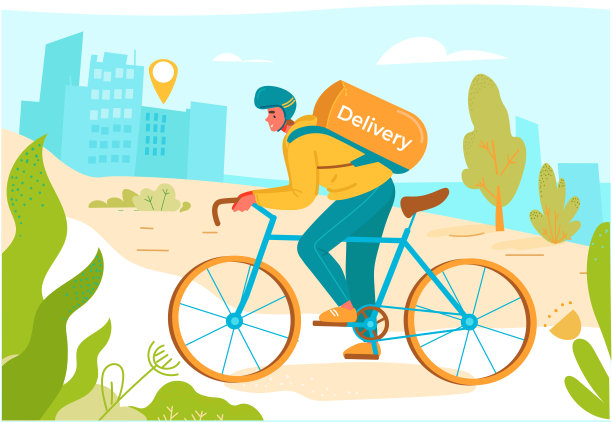 骑自行车的男孩，大流行期间的快递服务。在线订单跟踪。平面向量插图。图片下载