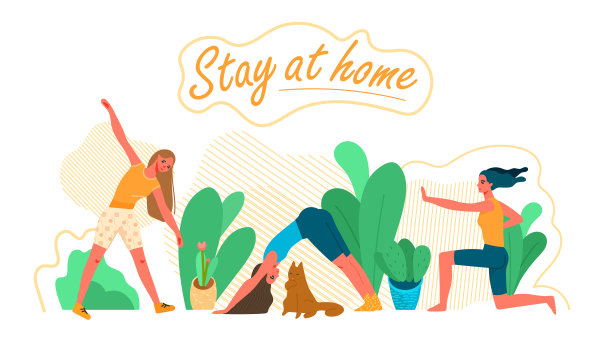 在Covid - 19大流行期间，年轻妇女在家体育活动、自我隔离。平面卡通矢量插图。图片下载